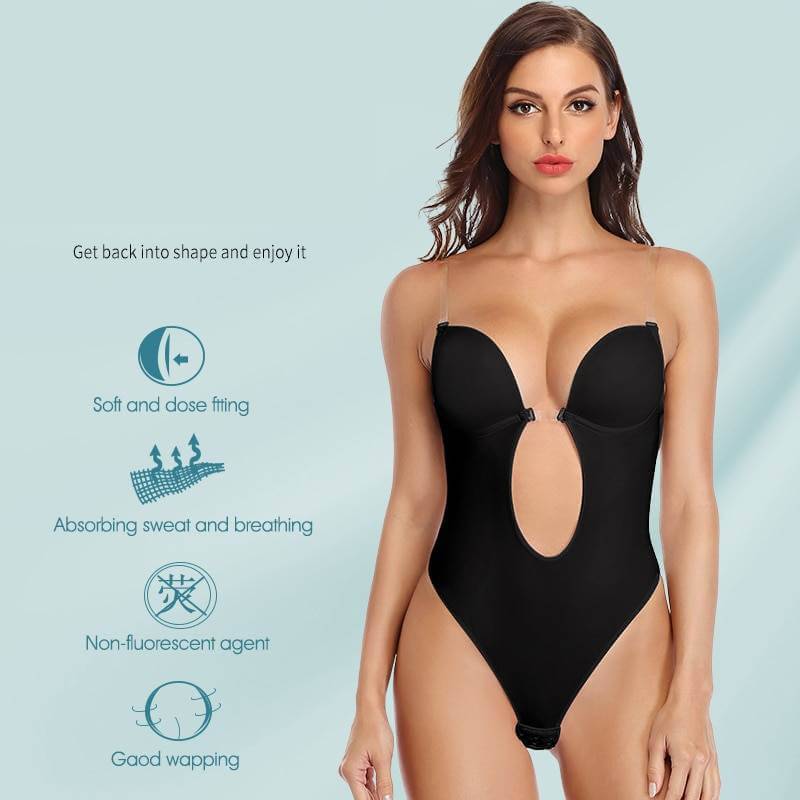 Women Shapewear Faja Waist Trainer Shaper Body Tummy Shaper Deep V Bodysuit Clear Strap Backless Plunge Thong Push Up padded Bra