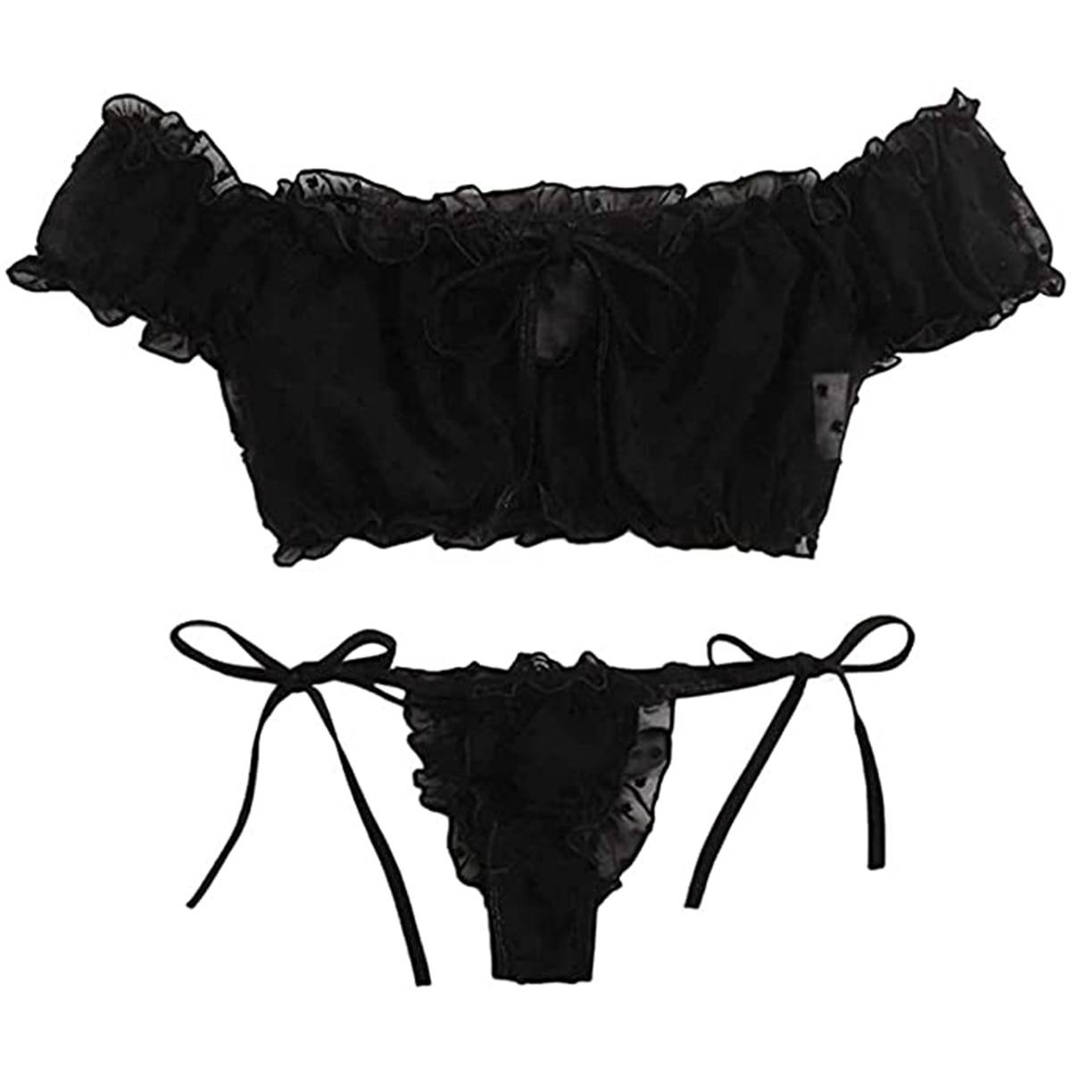 Off Shoulder Lace Up Swimsuits Bathing Bikini Suit Black