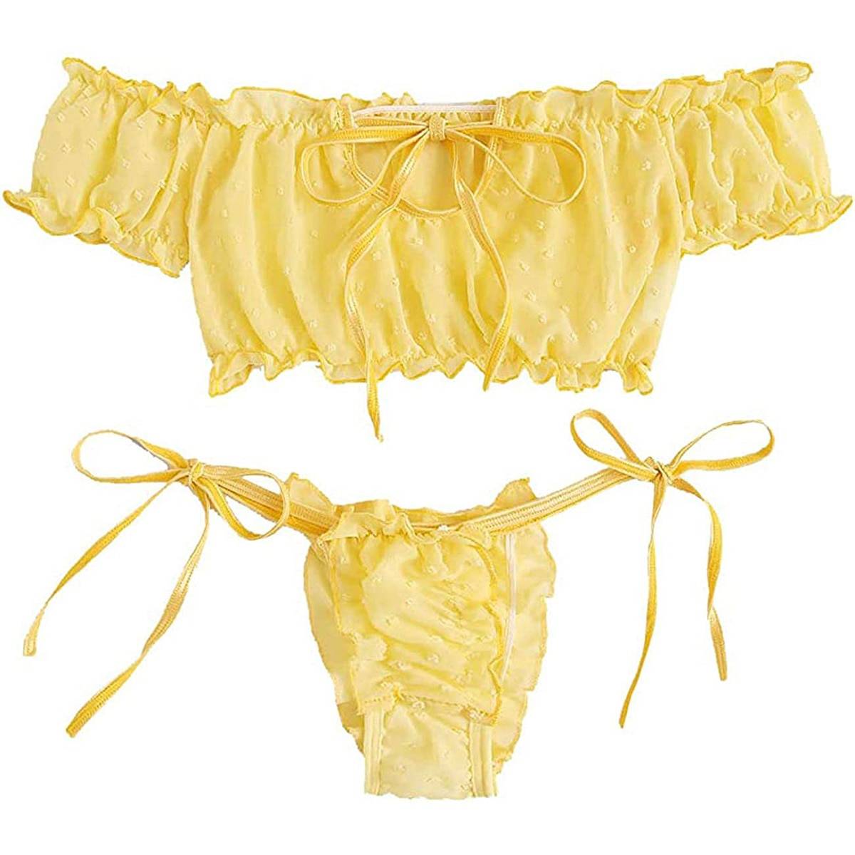 Off Shoulder Lace Up Swimsuits Bathing Bikini Suit Yellow