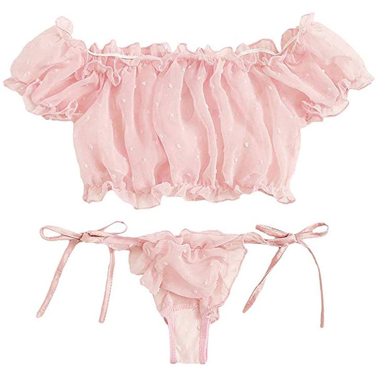 Off Shoulder Lace Up Swimsuits Bathing Bikini Suit Pink