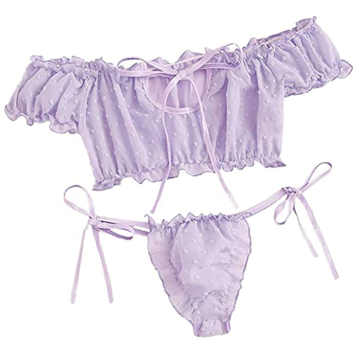 Off Shoulder Lace Up Swimsuits Bathing Bikini Suit Purple