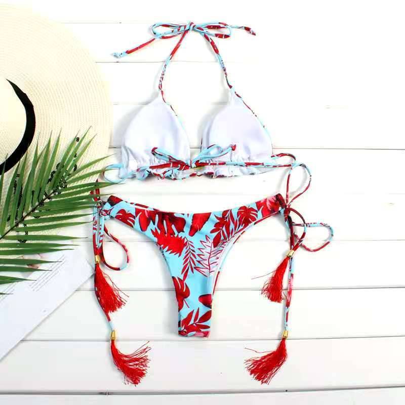 Tassel Strappy Bandage Swimsuit Bikini Beachwear Set for Women