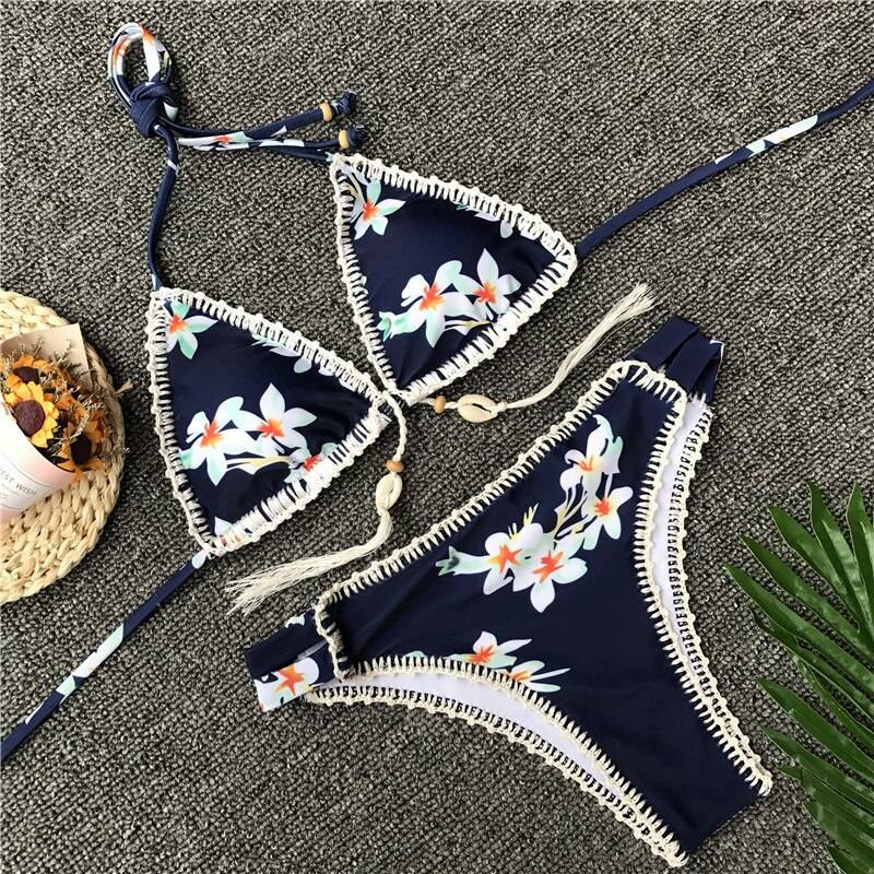 Hand Crochet Print High Waist Thong Bikini Knitted Swimsuit Set