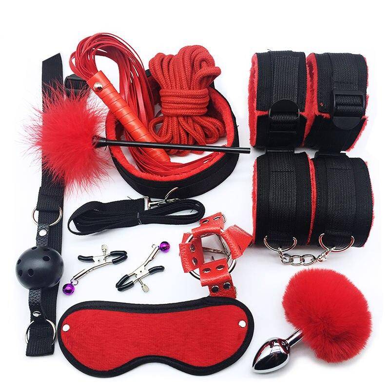 Handcuffs Collar Whip Gag Nipple Clamps BDSM Bondage Rope Erotic Adult Sex Toys For Woman 11pcs Red