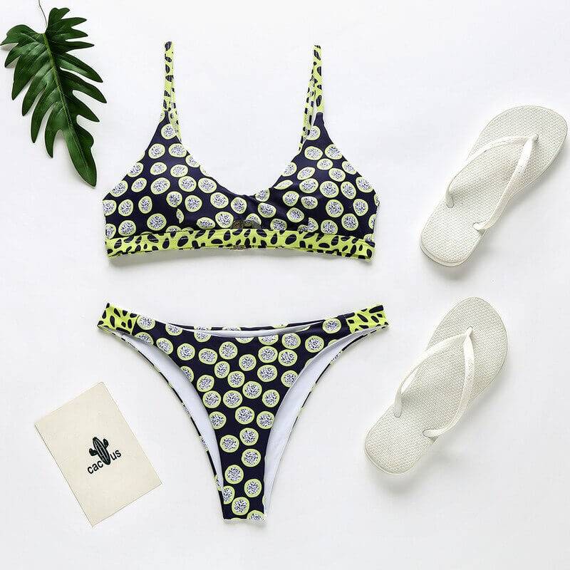 Floral Polka Dot Black Bikinis Push-Up Swimsuit Set for Women