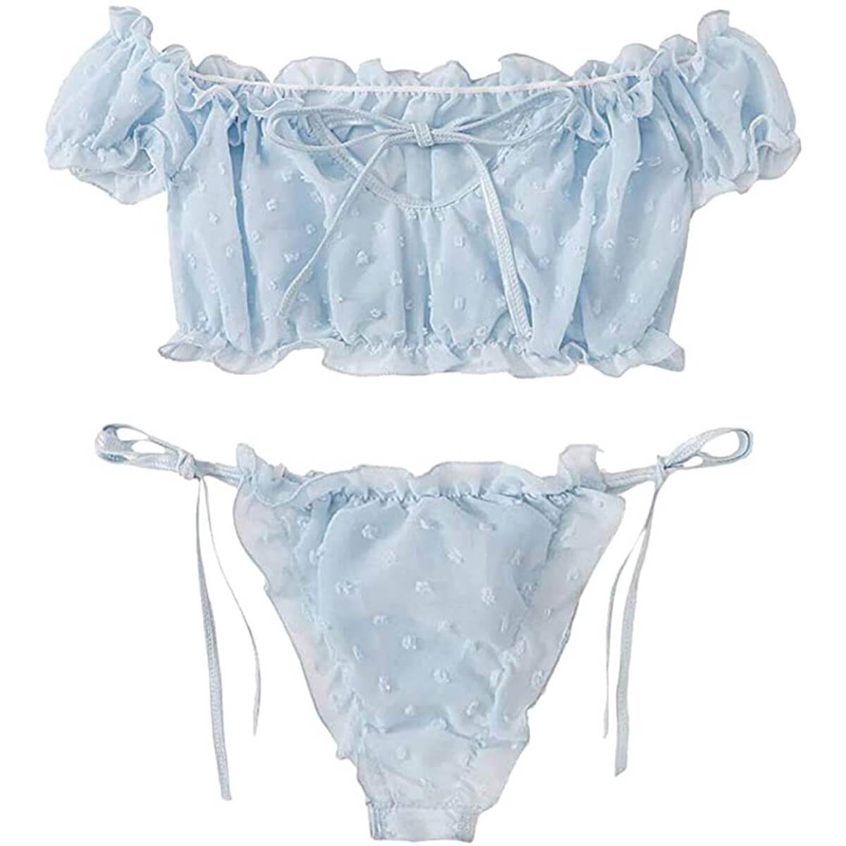 Off Shoulder Lace Up Swimsuits Bathing Bikini Suit Blue