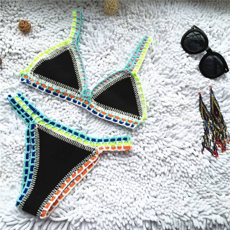 Halter Patchwork Bathing Suit Micro Bikini Black