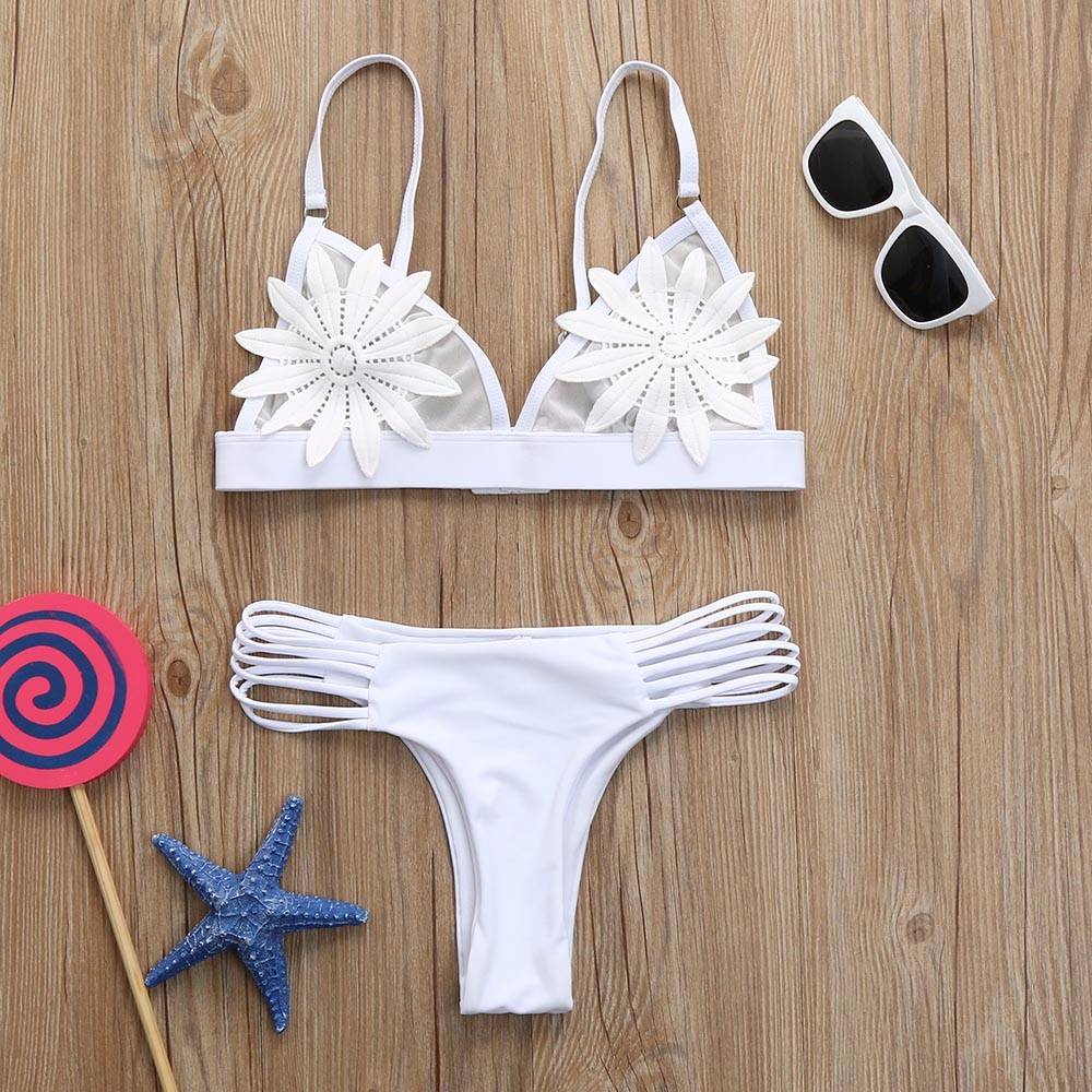 Sexy Floral Bandeau Bikini Bandage Push-up Swimwear Women Solid Swimwear Bathing Suits Bikini Set Hollow Out Biquini Swimwear