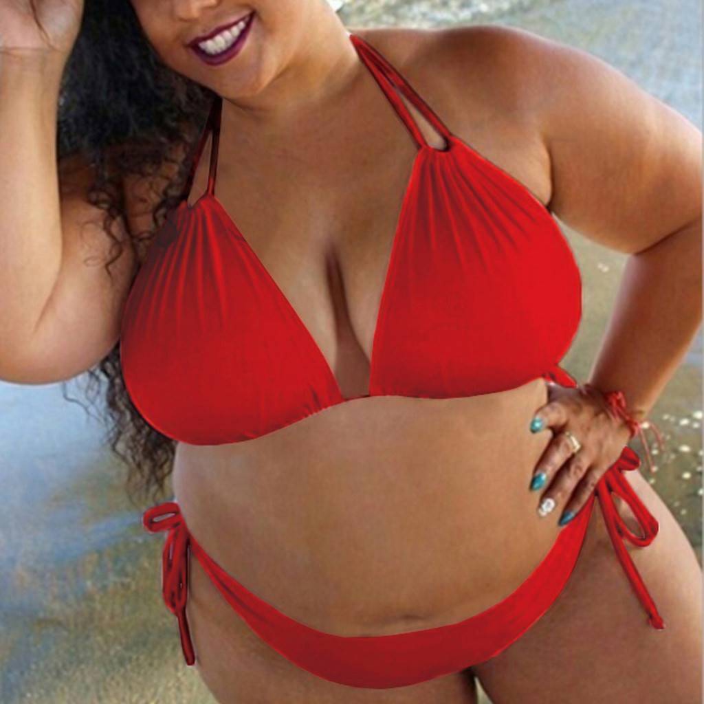 Lace-Up Halter Swimming Suit Bikinis Solid Red
