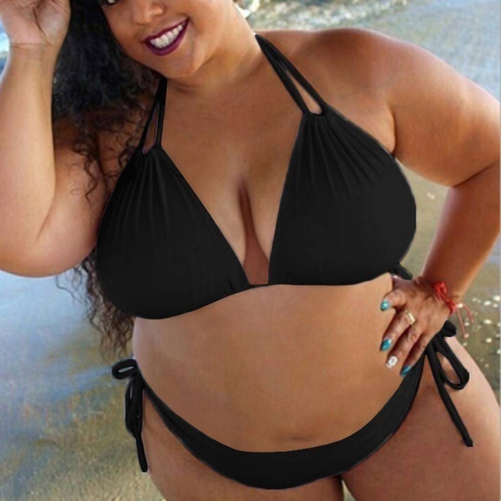 Lace-Up Halter Swimming Suit Bikinis Solid Black