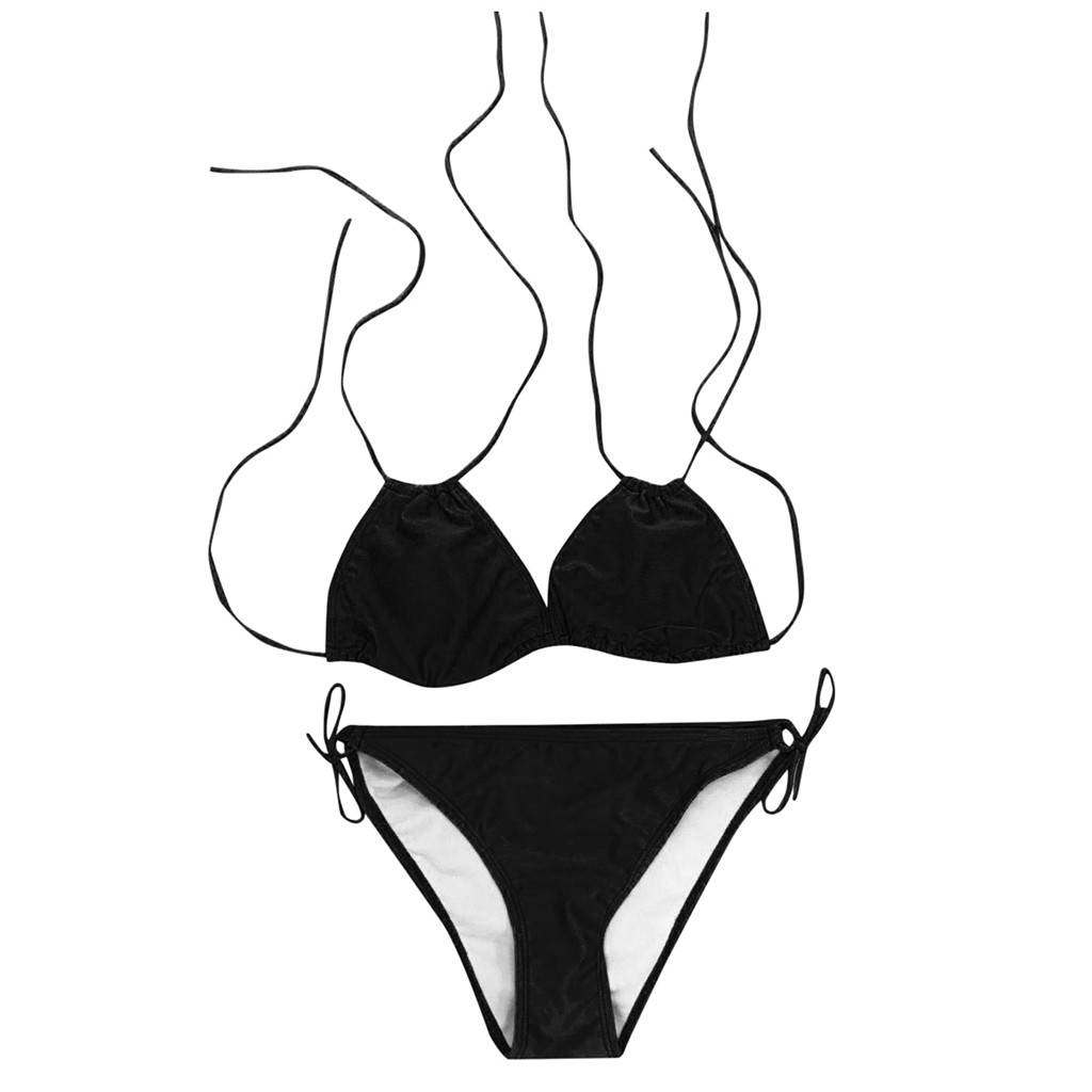 Lace-Up Halter Swimming Suit Bikinis Solid Black