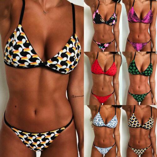 Sexy Women Micro Print Bikinis Set Push Up Padded Bra Thongs Swimwear Neon Bandage Swimsuit Bathing Suit