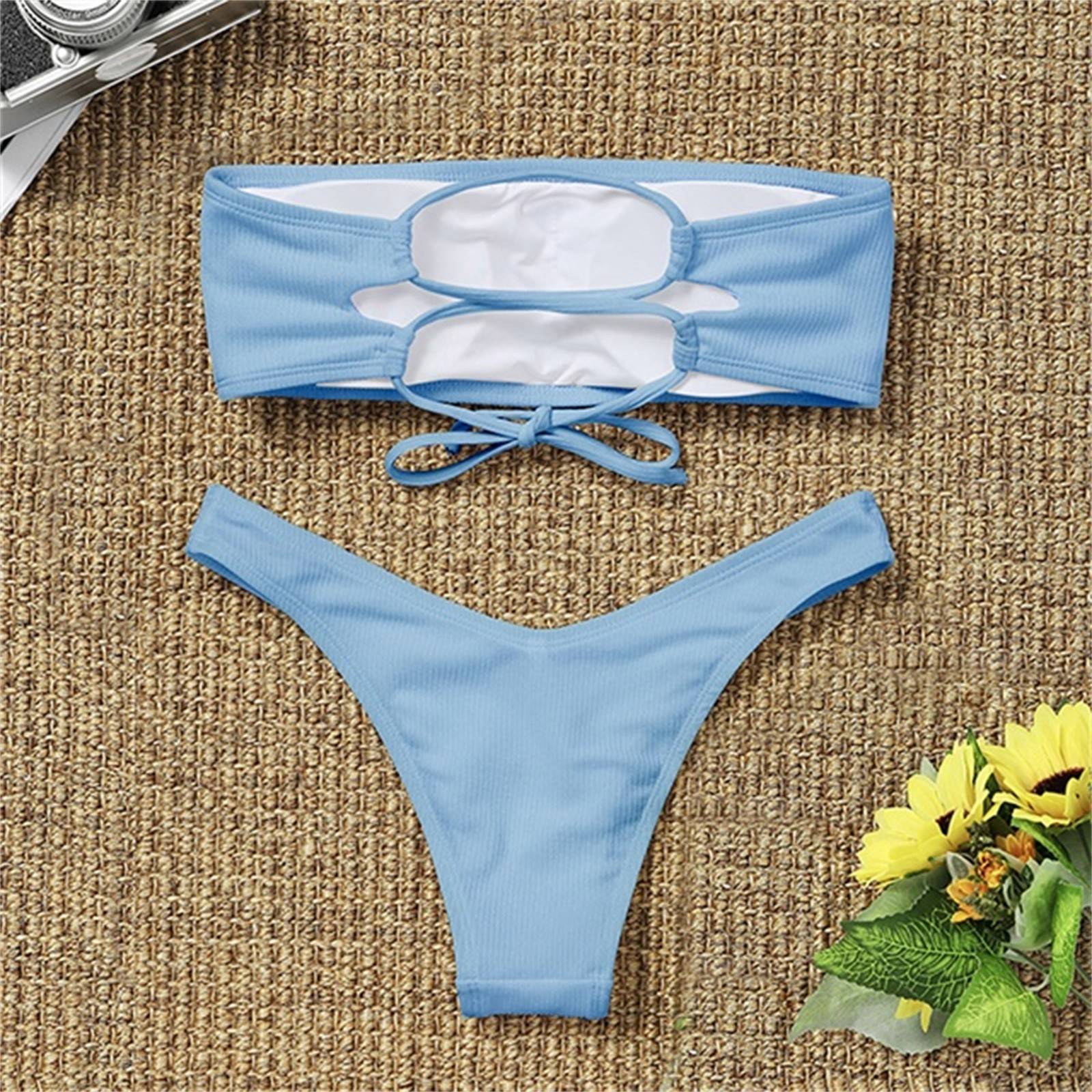 Woman 2 Piece Swimsuit Solid Swimwear Blue
