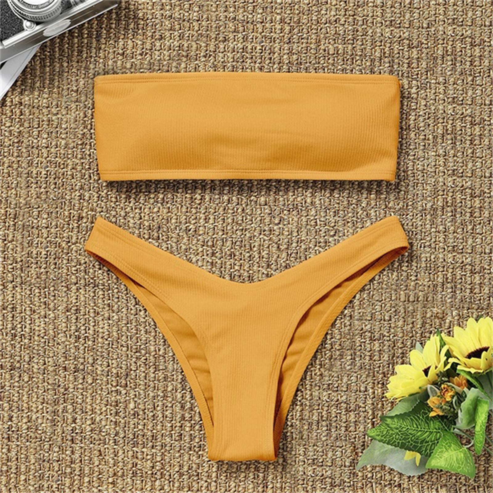 Woman 2 Piece Swimsuit Solid Swimwear Sexy Bikini Set Yellow